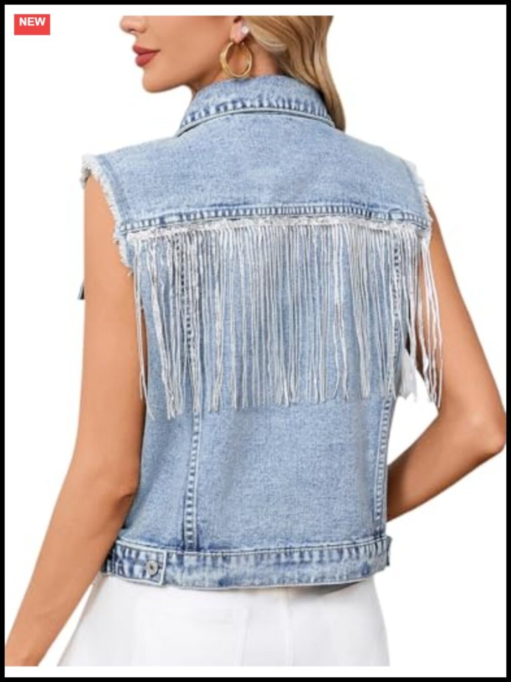 Womens Fringe Denim Vest Sleeveless Jean Vest Frayed Trim Button Down Western